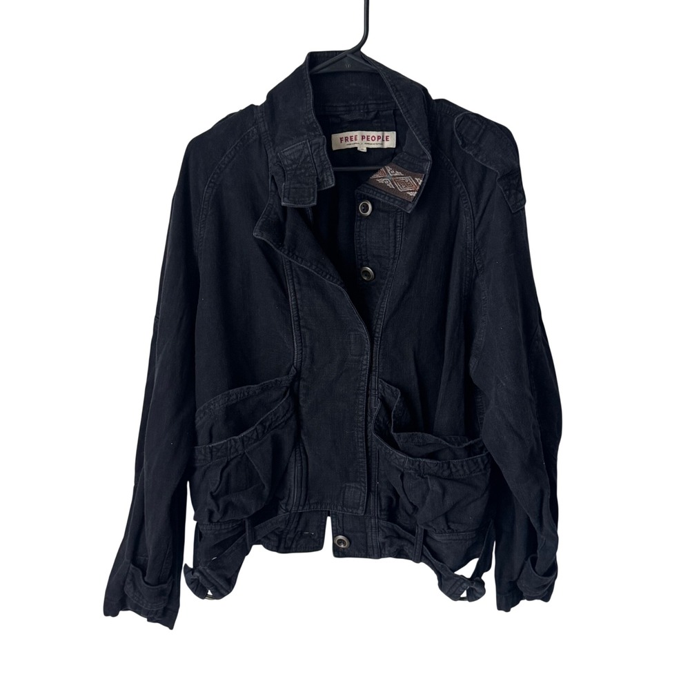 Free People Black Military Utility Cargo Jean Jacket XS Button Front Epaulettes